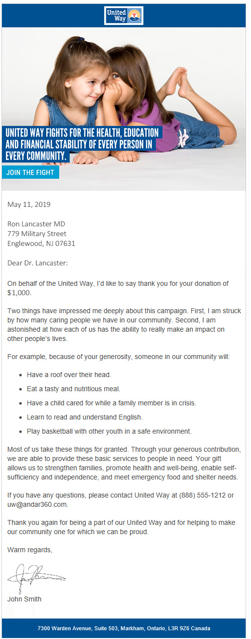 United We Win Thank You Letter by eMail